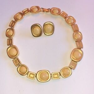 Vintage Satin Gold Tone & Cream Ivory Enamel Necklace & Pierced Earring Set